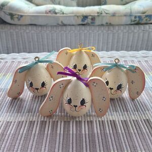Vintage Hand-Painted Wooden Easter Egg Bunny Ornaments "Some Bunny Loves You"